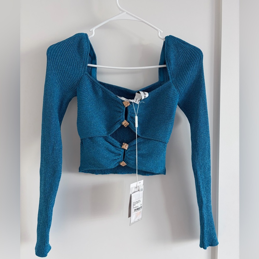 Self-Portrait Blue Lurex Knit Top with Crystal Buttons - Size S NWT